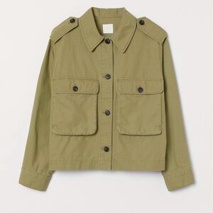 H&M Women's Khaki Green Utility Cargo Jacket Pockets Collared Front Button Large